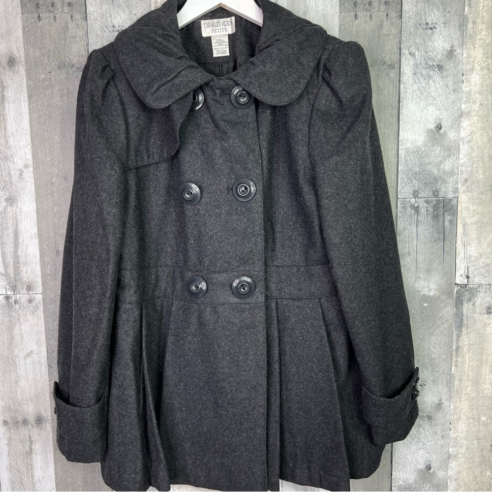 CHARLES KLEIN PETITES Double Breasted Charcoal Gray Pleated Peacoat Size Large